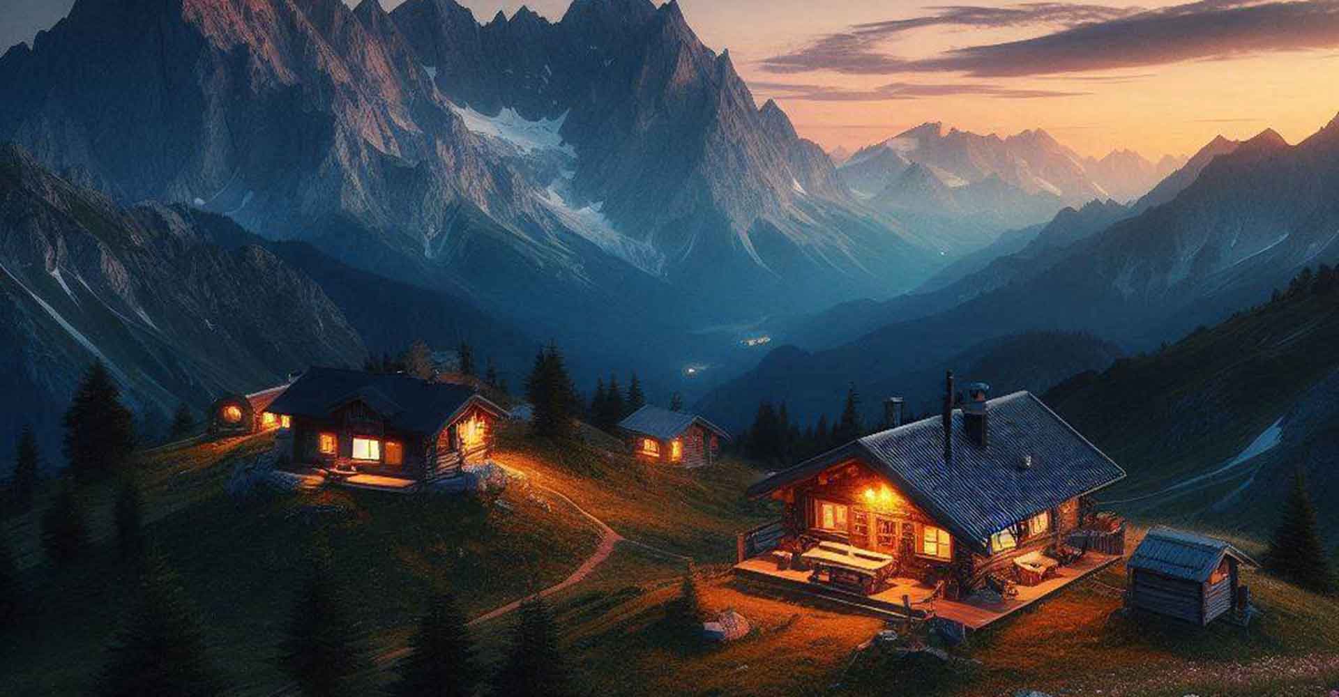 Cabin in the mountains with lights on